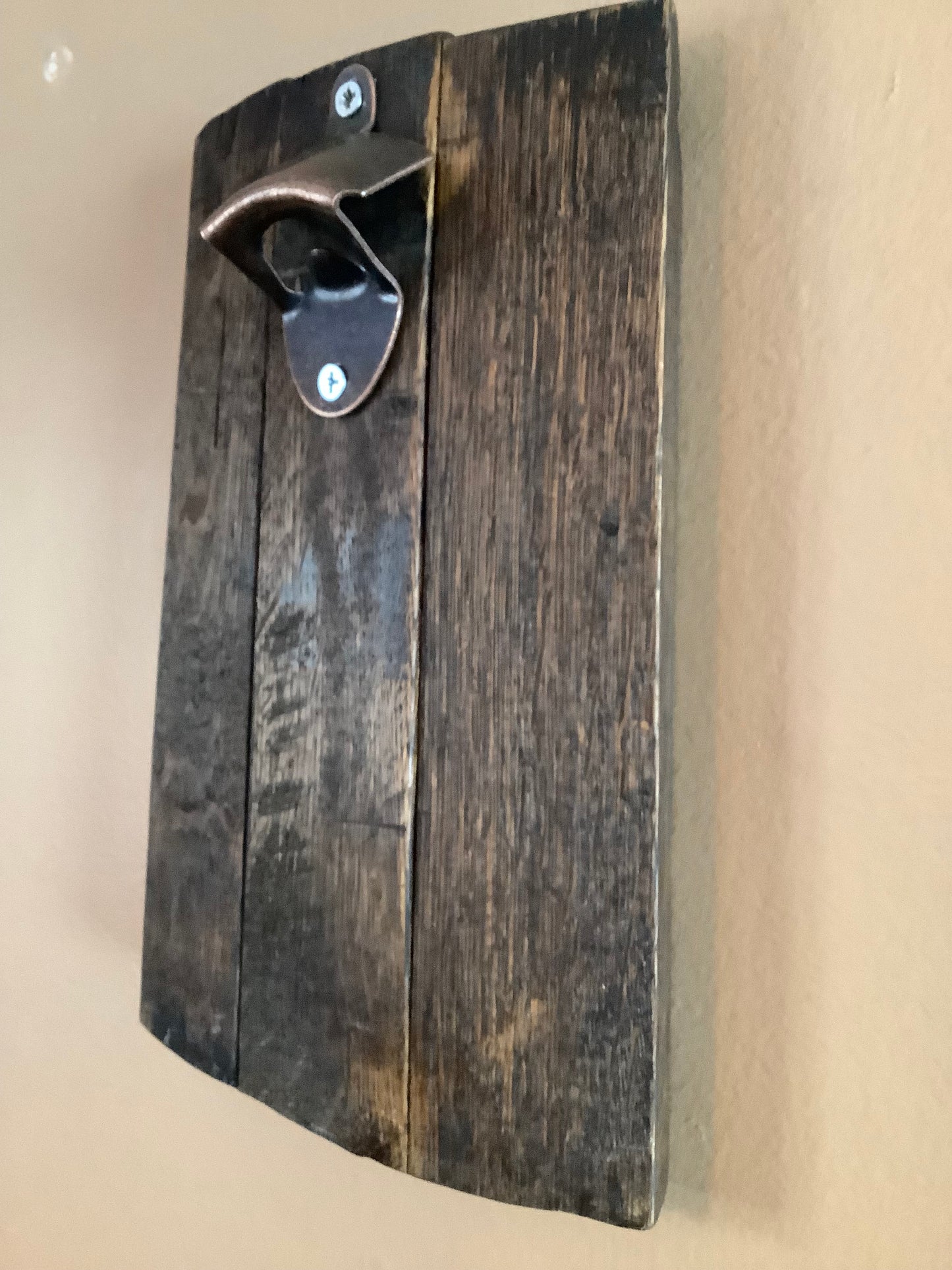 Wall Mounted Bourbon Stave Bottle Opener with Magnet Cap Catcher