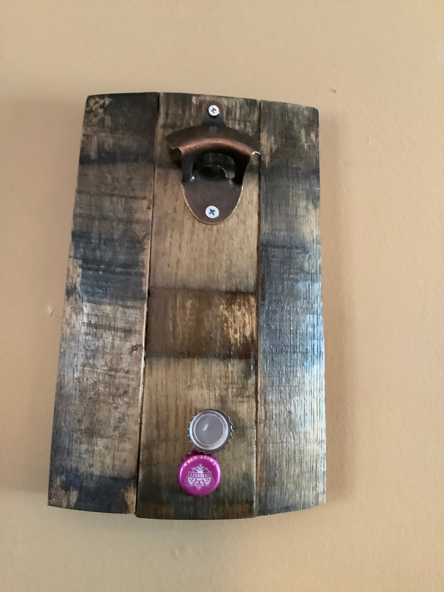 Wall Mounted Bourbon Stave Bottle Opener with Magnet Cap Catcher